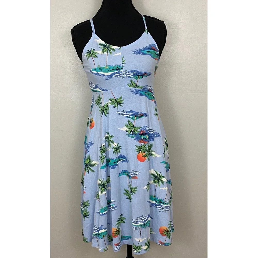 Old Navy Tropical Cami Dress Girls XL 14 Blue  Palm‎ Tree Island Summer Vacation